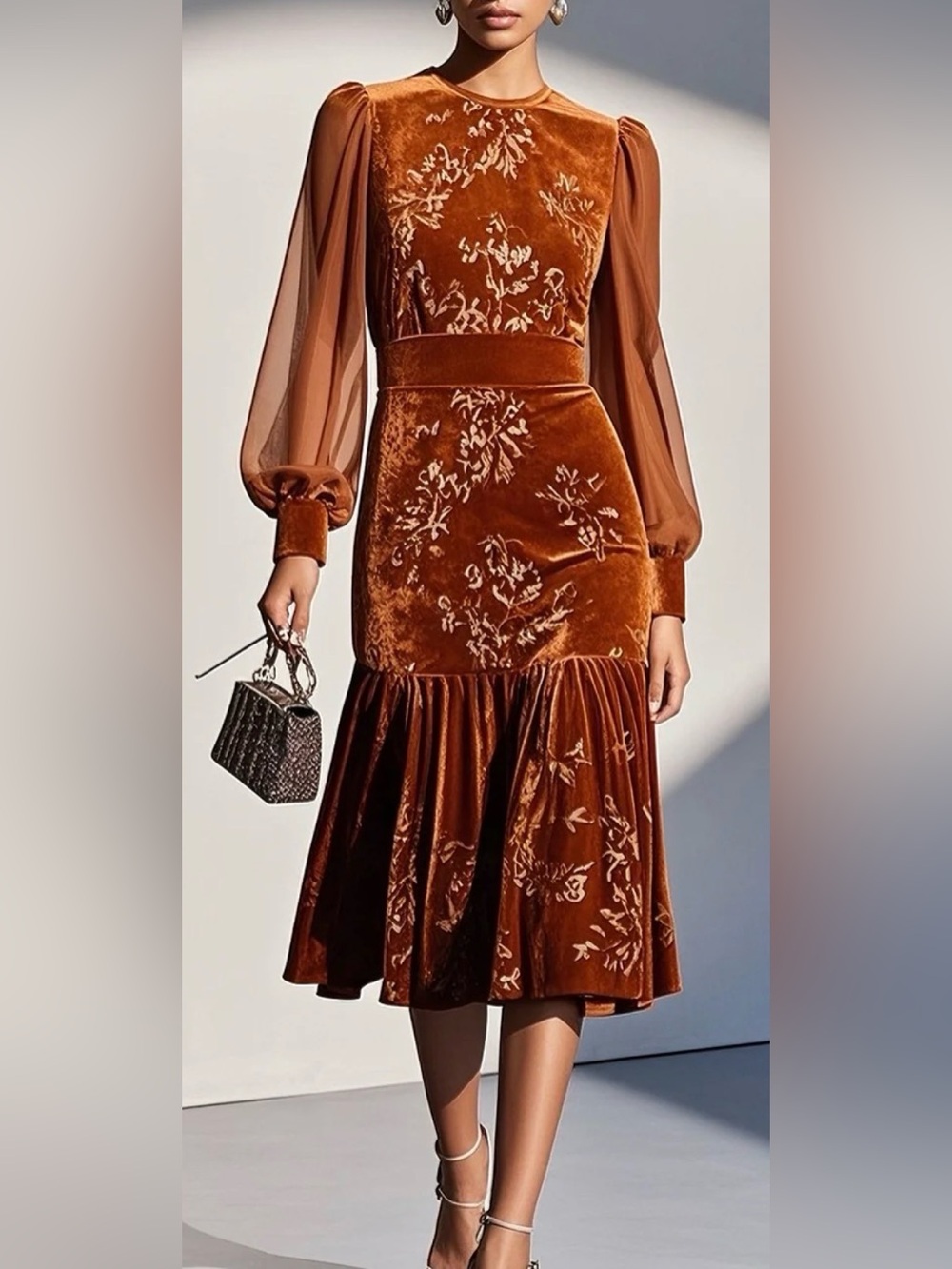 Rust Velvet Long-Sleeve Midi Dress - Women's #212